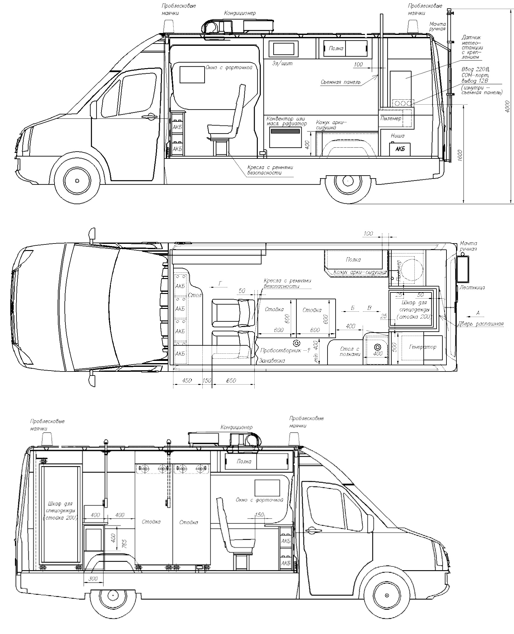 Рабочие чертежи передвижной экологической лаборатории на шасси Volkswagen Crafter для ГБПУ «Мосэкомониторинг»